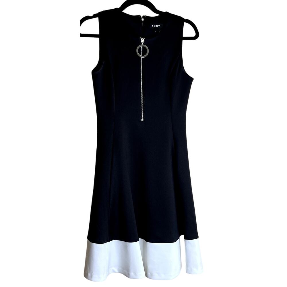 DKNY Dress Women Black Size 2 Sleeveless Stretch White Trim Hem Party Business